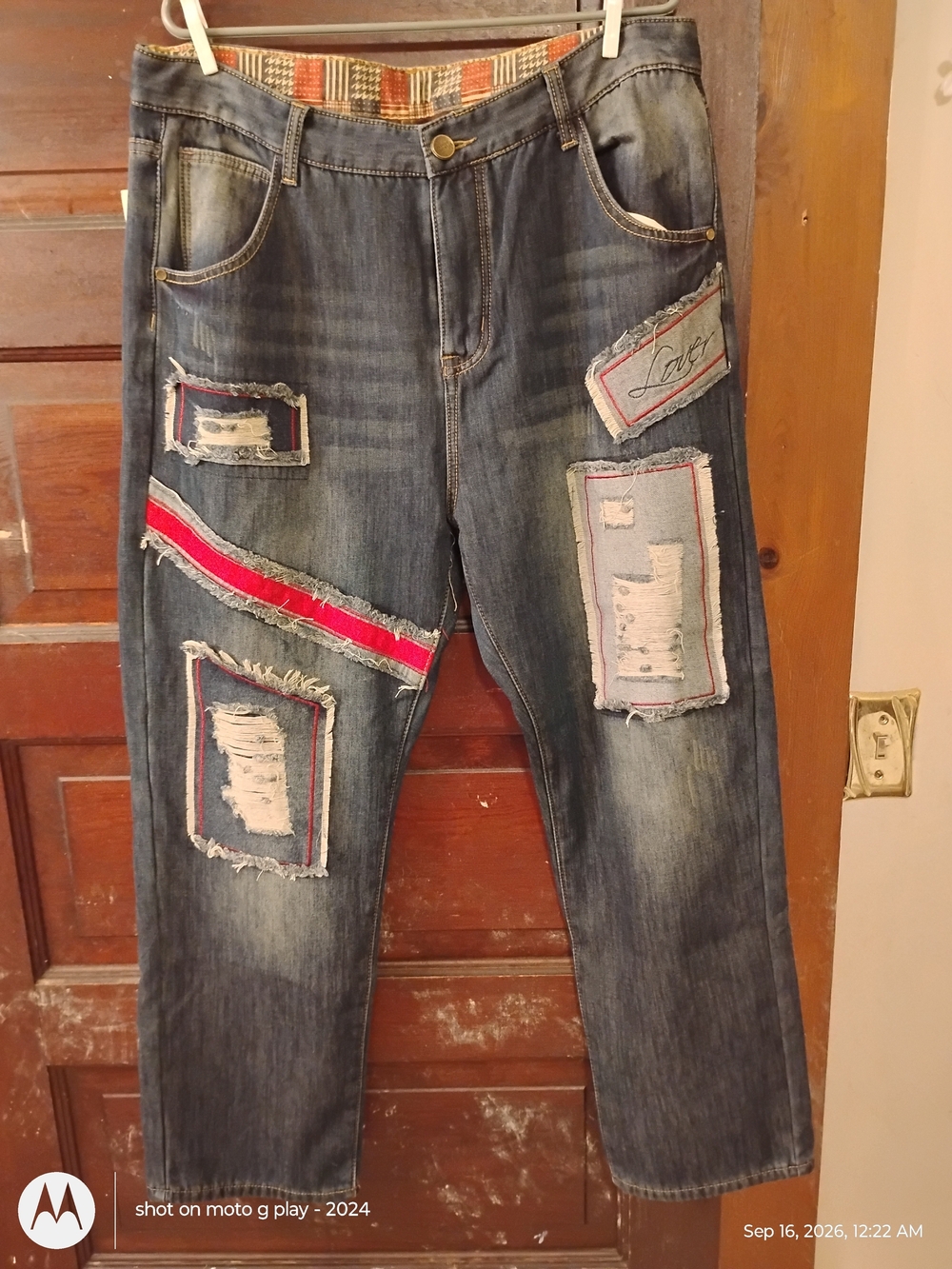 Fashion Bug Men's Dark Blue Jeans with Red Patch Accents